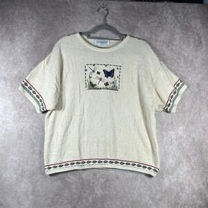 Vintage Chelsea Gardens Sweater Women XL Ivory Knit Short Sleeve Cottagecore Art